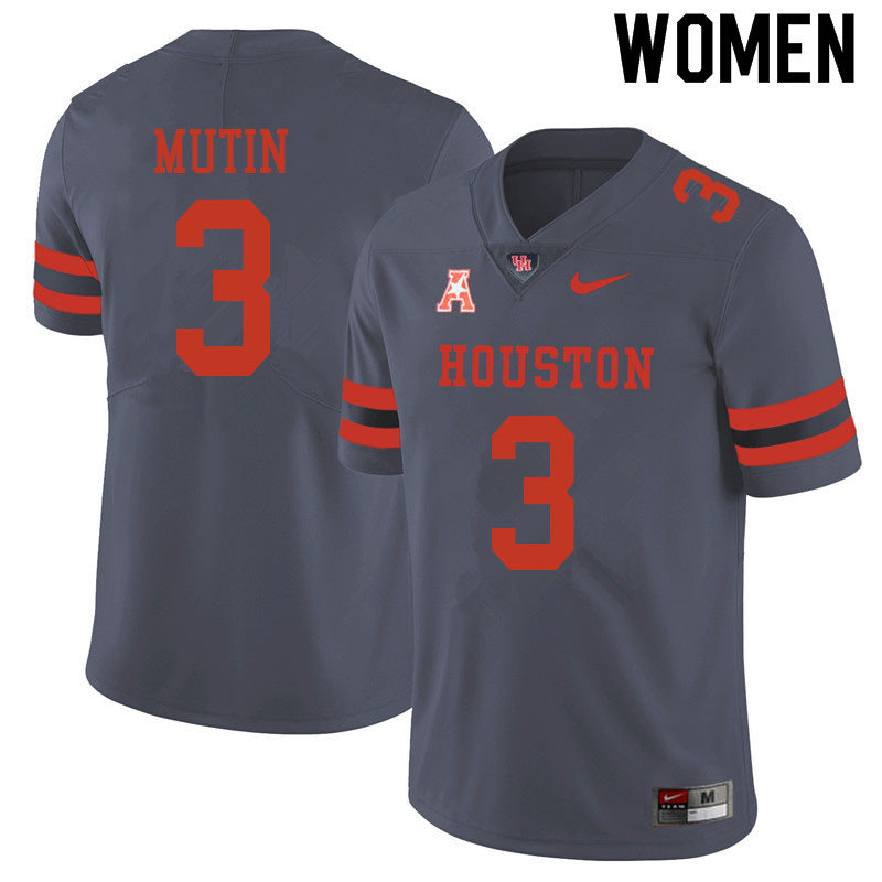 Women #3 Donavan Mutin Houston Cougars College Football Jerseys Sale-Gray - Click Image to Close